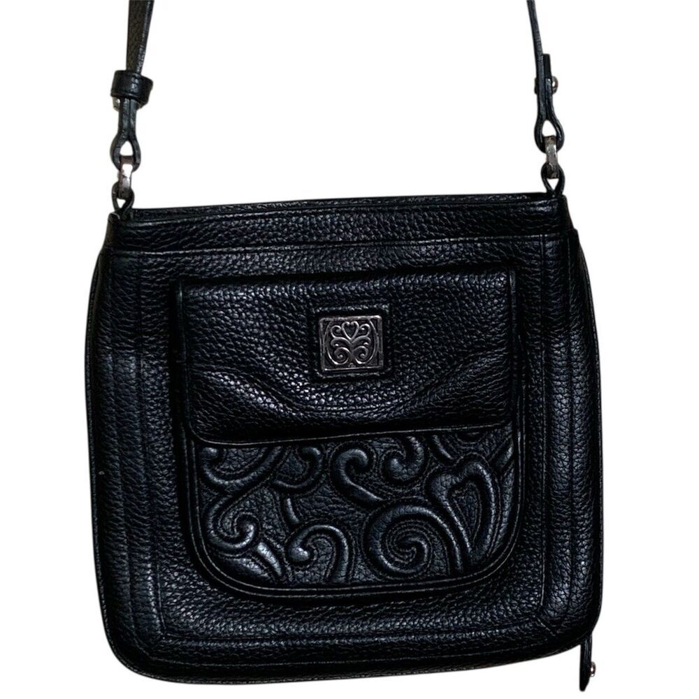 BRIGHTON Heart Embossed Faux Leather Crossbody Bag Purse Black Pockets Magnetic